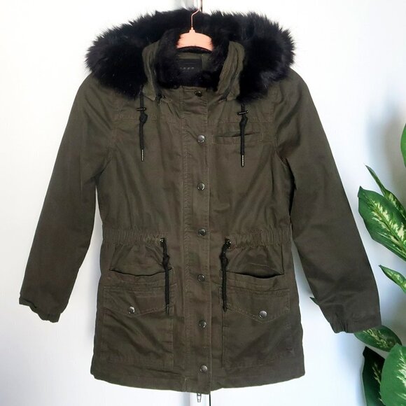 Blank NYC Girls Military Green Hooded Fall Jacket, Coat, Parka w Black Faux Fur